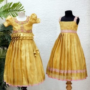 Elegant gold tissue lehanga & frock sister combo