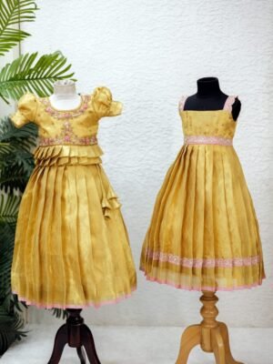 Elegant gold tissue lehanga & frock sister combo
