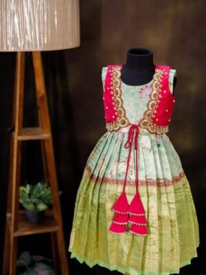 Pichwai fabric frock with sleeveless overcoat model