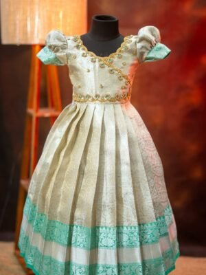 Silver Tissue Banarasi Full Frock with Aari Work