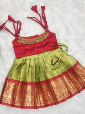 Semi Banarasi Pattu Pavadai with Aari Work Top