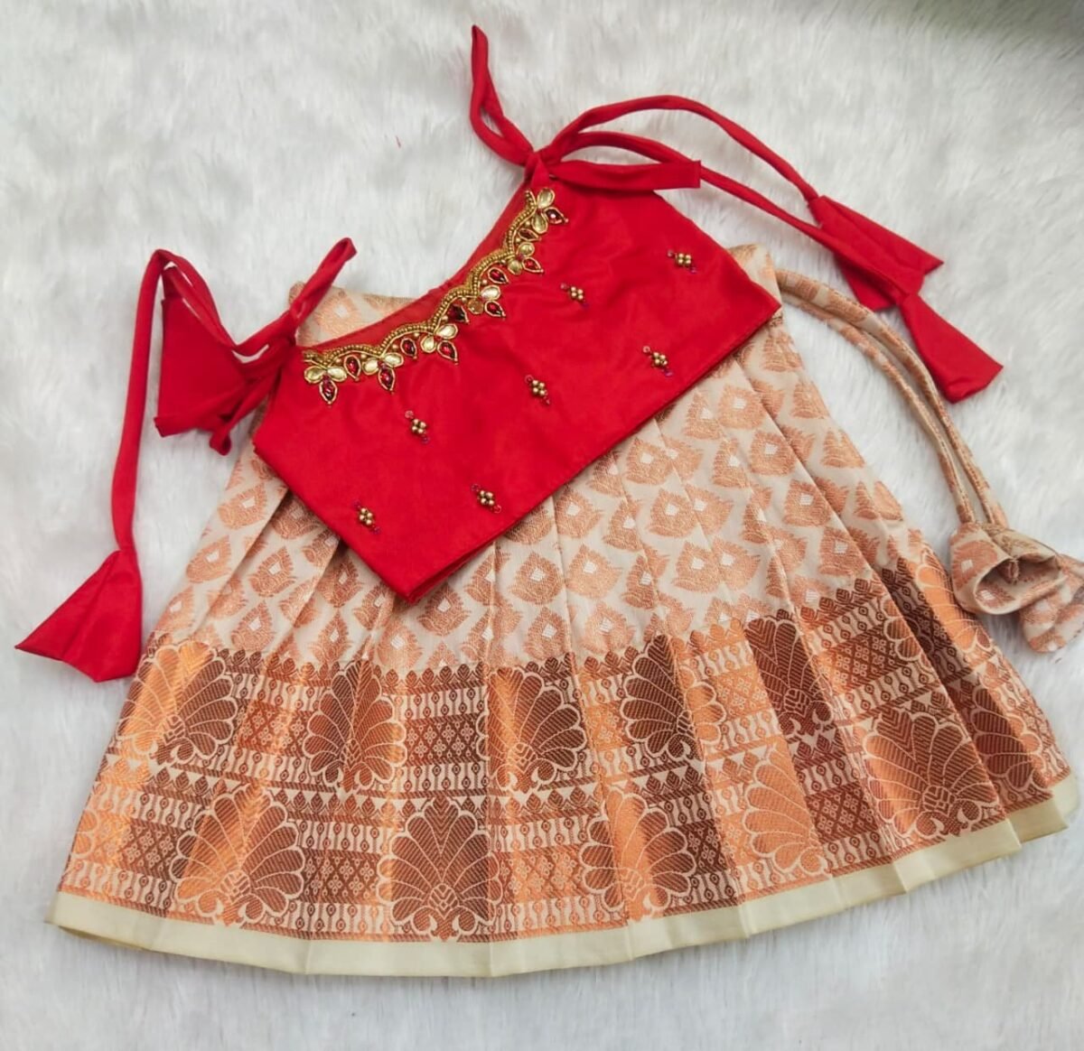 Kanchi Pattu Pavadai with Knotted Sleeves and Intricate Aari Work - Image 2